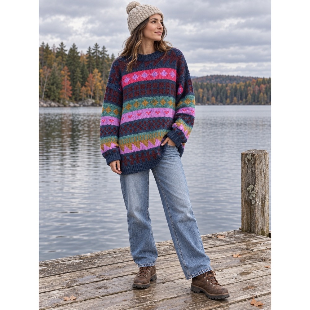 Latincrafts Womens 100% Wool Hand Knit Fair Isle Sweater Multi Color Ecuador XL